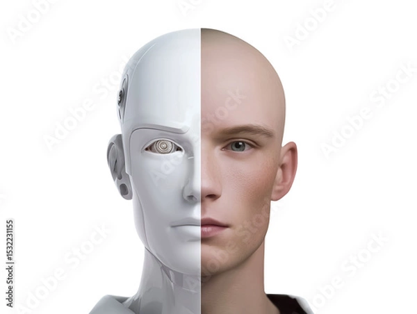 Obraz Half human half robot face 3d illustration isolated on transparent or white background, png