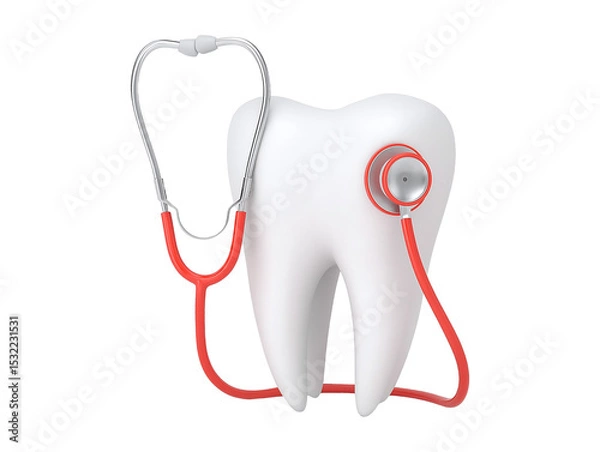 Obraz Tooth with stethoscope 3d illustration isolated on transparent or white background, png