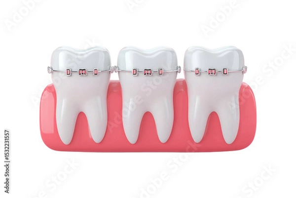 Obraz Teeth with dental braces 3d illustration isolated on transparent or white background, png