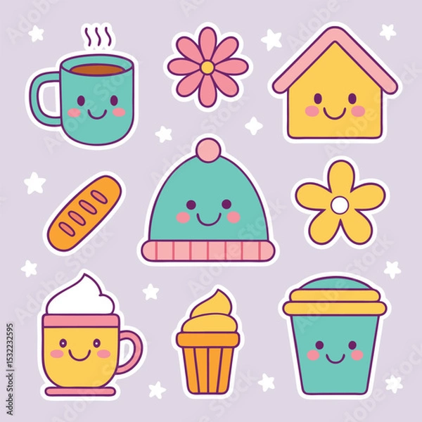 Fototapeta Cute kawaii style stickers with drinks hat flowers and food perfect for various design projects