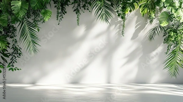 Fototapeta Minimalist white wall with palm leaf shadows background, abstract light texture design for product display, e-commerce visuals, digital media or web banners in natural flat style