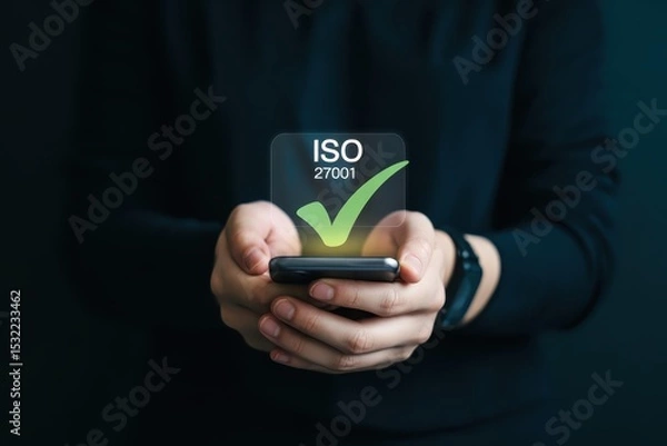 Fototapeta Hands holding a smartphone with an iso 27001 certification graphic.