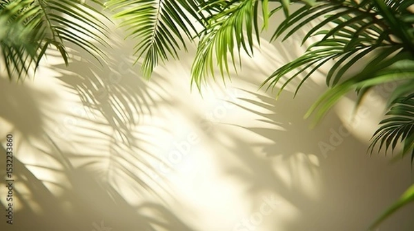 Fototapeta Minimalist white wall with palm leaf shadows background, abstract light texture design for product display, e-commerce visuals, digital media or web banners in natural flat style