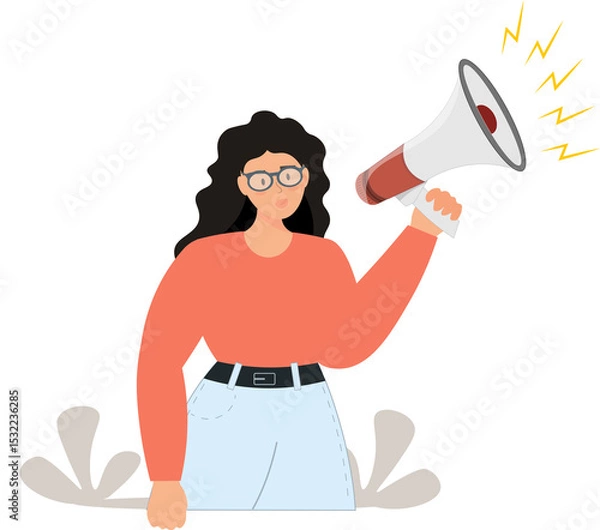Fototapeta A woman speaking into a megaphone, communication, marketing message, advertising strategy, media or announcement information, plain background