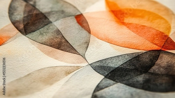 Fototapeta Close-up abstract watercolor painting with earthy autumn palette: Delicate black line art of leaves and flowers on white paper, soft brushstrokes creating serene nature-inspired artwork for packaging,