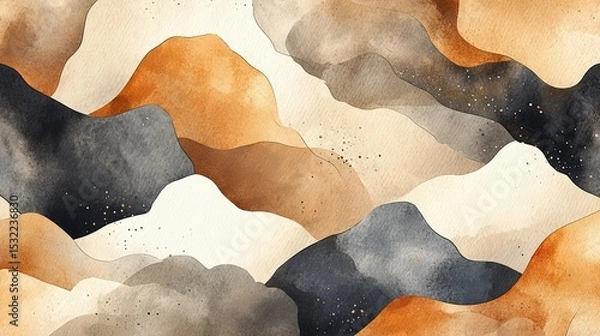 Fototapeta Close-up abstract watercolor painting with earthy autumn palette: Delicate black line art of leaves and flowers on white paper, soft brushstrokes creating serene nature-inspired artwork for packaging,