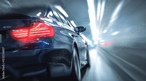 Fototapeta A car driving in a tunnel, close-up of the rear lights and side body with a motion blur effect. Electric vehicle concept car in the style. Blue in color.