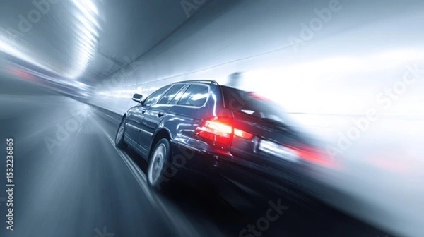 Fototapeta A car driving in a tunnel, close-up of the rear lights and side body with a motion blur effect. Electric vehicle concept car in the style. Blue in color.