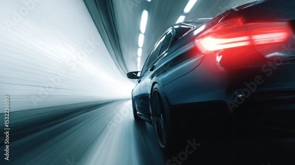 Fototapeta A car driving in a tunnel, close-up of the rear lights and side body with a motion blur effect. Electric vehicle concept car in the style. Blue in color.