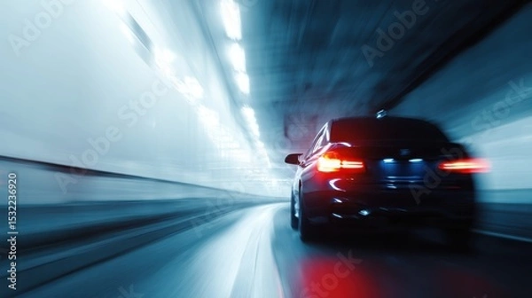 Fototapeta A car driving in a tunnel, close-up of the rear lights and side body with a motion blur effect. Electric vehicle concept car in the style. Blue in color.