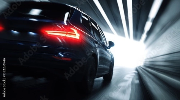 Fototapeta A car driving in a tunnel, close-up of the rear lights and side body with a motion blur effect. Electric vehicle concept car in the style. Blue in color.
