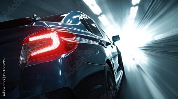 Fototapeta A car driving in a tunnel, close-up of the rear lights and side body with a motion blur effect. Electric vehicle concept car in the style. Blue in color.