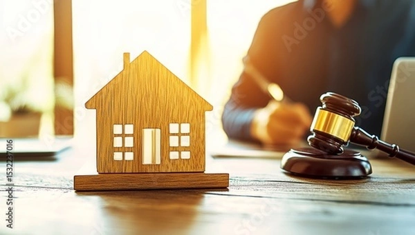 Fototapeta A real estate law specialist sits at a desk with a gavel, scales of justice, and a toy house, engaged in managing documents and executing contracts for clients with foreclosed properties