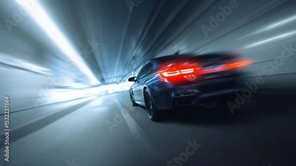 Fototapeta A car driving in a tunnel, close-up of the rear lights and side body with a motion blur effect. Electric vehicle concept car in the style. Blue in color.