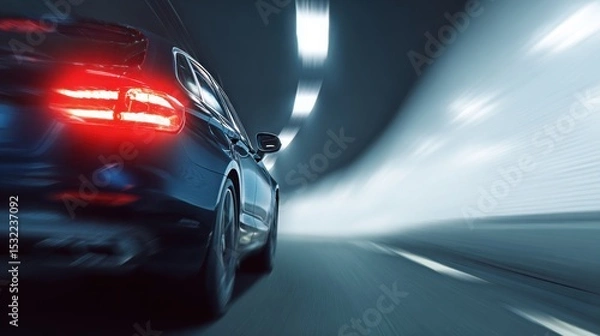 Fototapeta A car driving in a tunnel, close-up of the rear lights and side body with a motion blur effect. Electric vehicle concept car in the style. Blue in color.