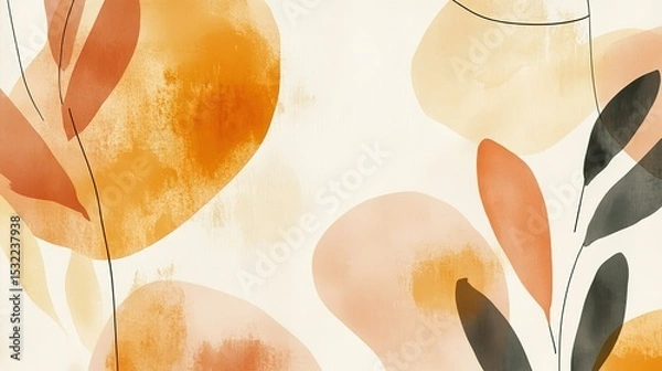 Fototapeta Close-up abstract watercolor painting with earthy autumn palette: Delicate black line art of leaves and flowers on white paper, soft brushstrokes creating serene nature-inspired artwork for packaging,