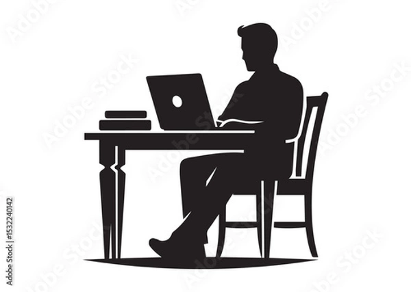 Fototapeta A man browsing laptop sitting on the chair in front of table Silhouette Vector