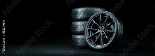 Fototapeta Black background with tires in the foreground. Close-up of car wheels. The concept is to place an advertising banner for tire services.