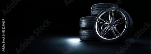 Fototapeta Black background with tires in the foreground. Close-up of car wheels. The concept is to place an advertising banner for tire services.