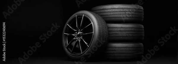 Fototapeta Black background with tires in the foreground. Close-up of car wheels. The concept is to place an advertising banner for tire services.