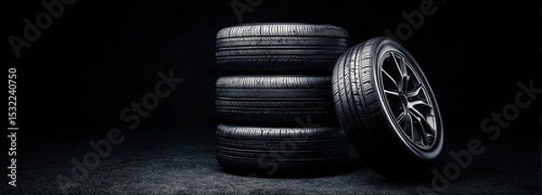 Fototapeta Black background with tires in the foreground. Close-up of car wheels. The concept is to place an advertising banner for tire services.