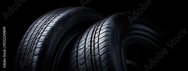 Fototapeta Black background with tires in the foreground. Close-up of car wheels. The concept is to place an advertising banner for tire services.