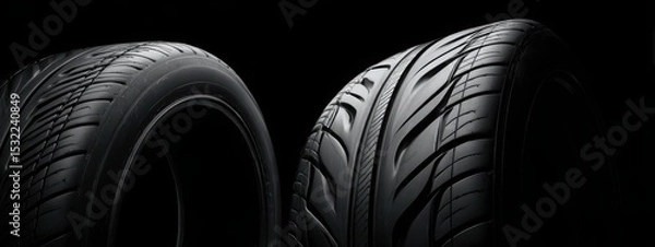 Fototapeta Black background with tires in the foreground. Close-up of car wheels. The concept is to place an advertising banner for tire services.