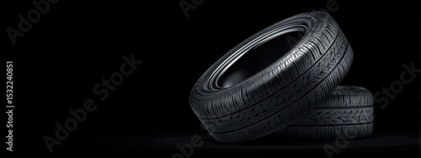 Fototapeta Black background with tires in the foreground. Close-up of car wheels. The concept is to place an advertising banner for tire services.