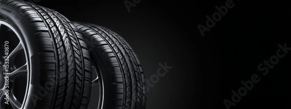 Fototapeta Black background with tires in the foreground. Close-up of car wheels. The concept is to place an advertising banner for tire services.