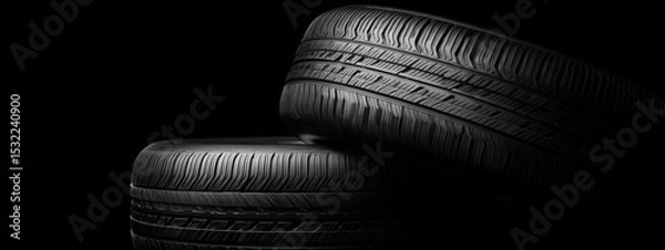 Fototapeta Black background with tires in the foreground. Close-up of car wheels. The concept is to place an advertising banner for tire services.