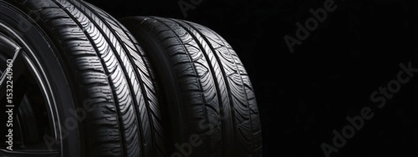 Fototapeta Black background with tires in the foreground. Close-up of car wheels. The concept is to place an advertising banner for tire services.