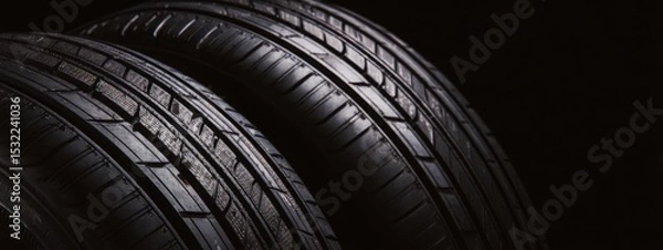 Fototapeta Black background with tires in the foreground. Close-up of car wheels. The concept is to place an advertising banner for tire services.
