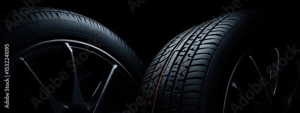 Fototapeta Black background with tires in the foreground. Close-up of car wheels. The concept is to place an advertising banner for tire services.