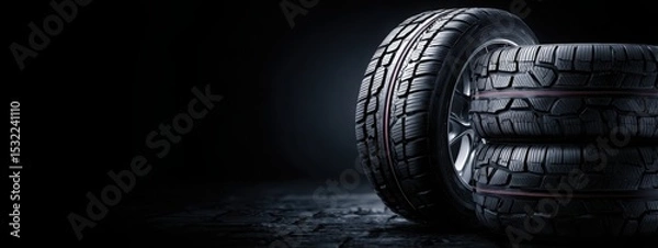 Fototapeta Black background with tires in the foreground. Close-up of car wheels. The concept is to place an advertising banner for tire services.