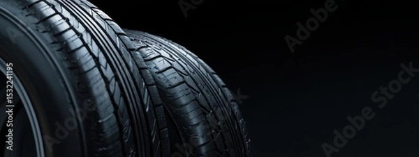 Fototapeta Black background with tires in the foreground. Close-up of car wheels. The concept is to place an advertising banner for tire services.