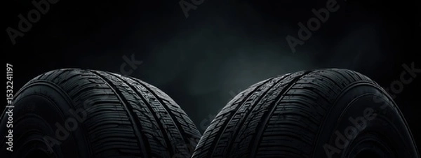 Fototapeta Black background with tires in the foreground. Close-up of car wheels. The concept is to place an advertising banner for tire services.