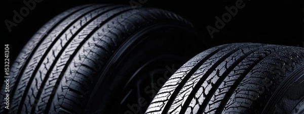 Fototapeta Black background with tires in the foreground. Close-up of car wheels. The concept is to place an advertising banner for tire services.