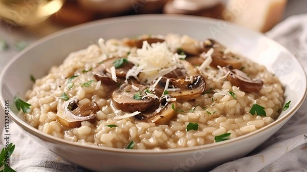 Fototapeta A bowl of rich and creamy mushroom risotto with Parmesan cheese.