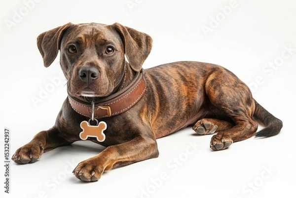 Fototapeta Dog with Brown Collar and Bone-Shaped Tag