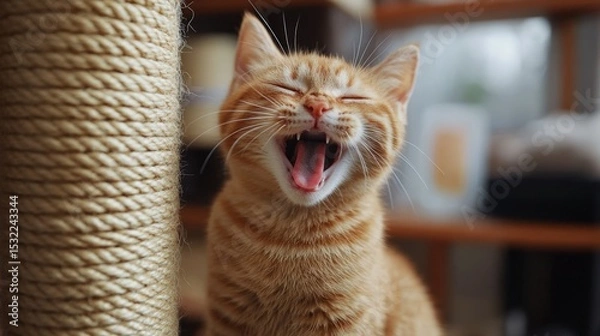 Fototapeta Cat Yawning on Scratching Post