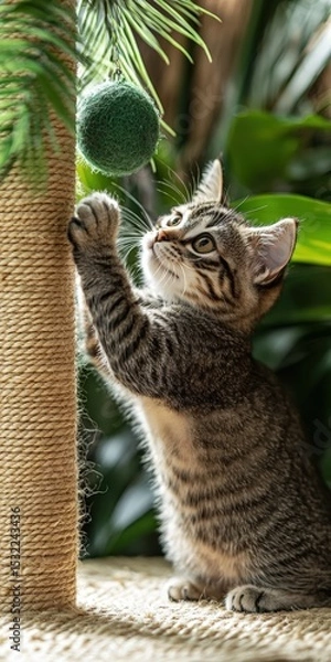 Fototapeta Kitten Playing with Ball on Scratching Post