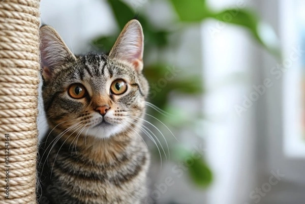 Fototapeta Cat Peeking Around Corner of Scratching Post