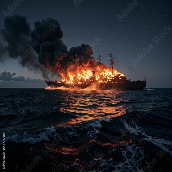 Fototapeta A dramatic scene unfolds as a large boat burns fiercely at night, its flames and billowing smoke illuminating the dark waters below