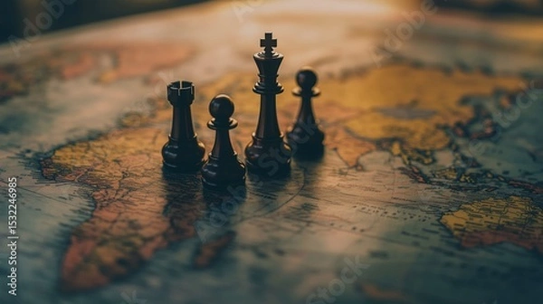 Fototapeta Chess pieces positioned on a vintage world map at dawn