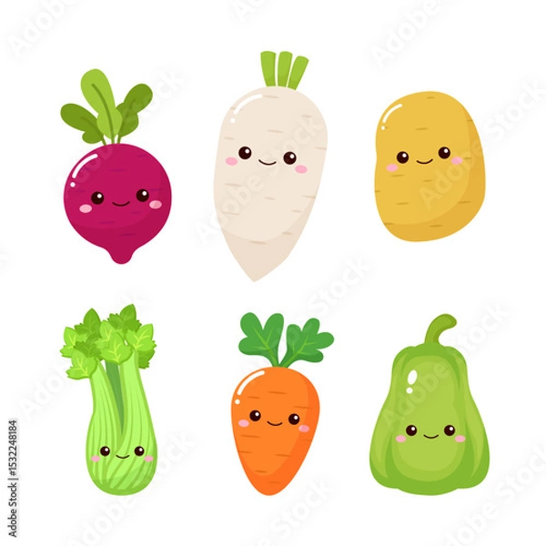 Obraz Cute root vegetables turnip, radish, potato, celery, carrot, chayote cartoon