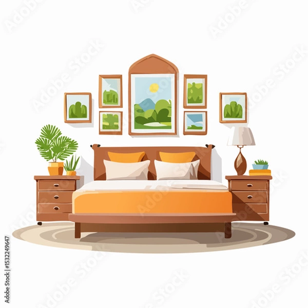 Fototapeta Cozy bedroom interior with bed, nightstands, artwork, and decorative elements.