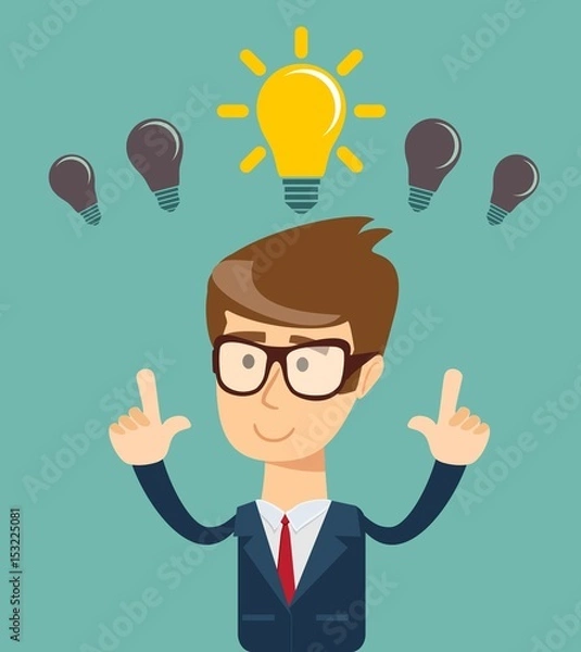 Obraz Business person having an bright idea light bulb concept. Stock vector illustration for poster, greeting card, website, ad, business presentation, advertisement design.