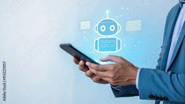 Obraz businessman using smartphone, Confident male manager browsing internet on mobile phone, Cheerful executive using AI chatbot, Manager interacting with AI chatbot, smart application in working space