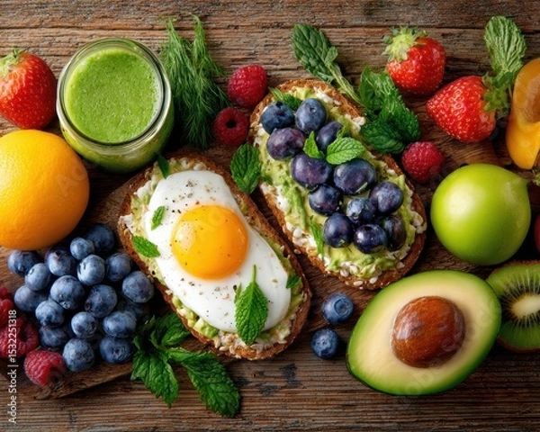 Fototapeta A vibrant flat lay of a healthy vegan breakfast, featuring avocado toast, fruits, and a green smoothie on a rustic wooden table.