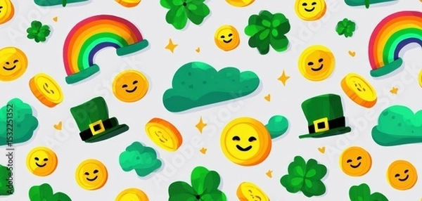 Fototapeta A vibrant St. Patrick's Day pattern featuring cheerful leprechauns, colorful rainbows, clovers, and smiling gold coins.